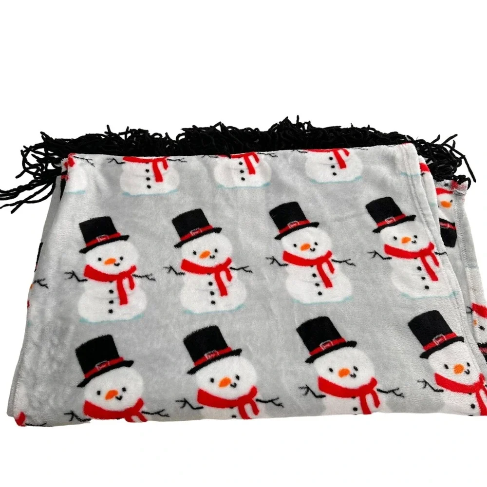 Happy Holidays Crest‎ Mills Snowman Throw Blanket Polyester Black Fringe 66x47